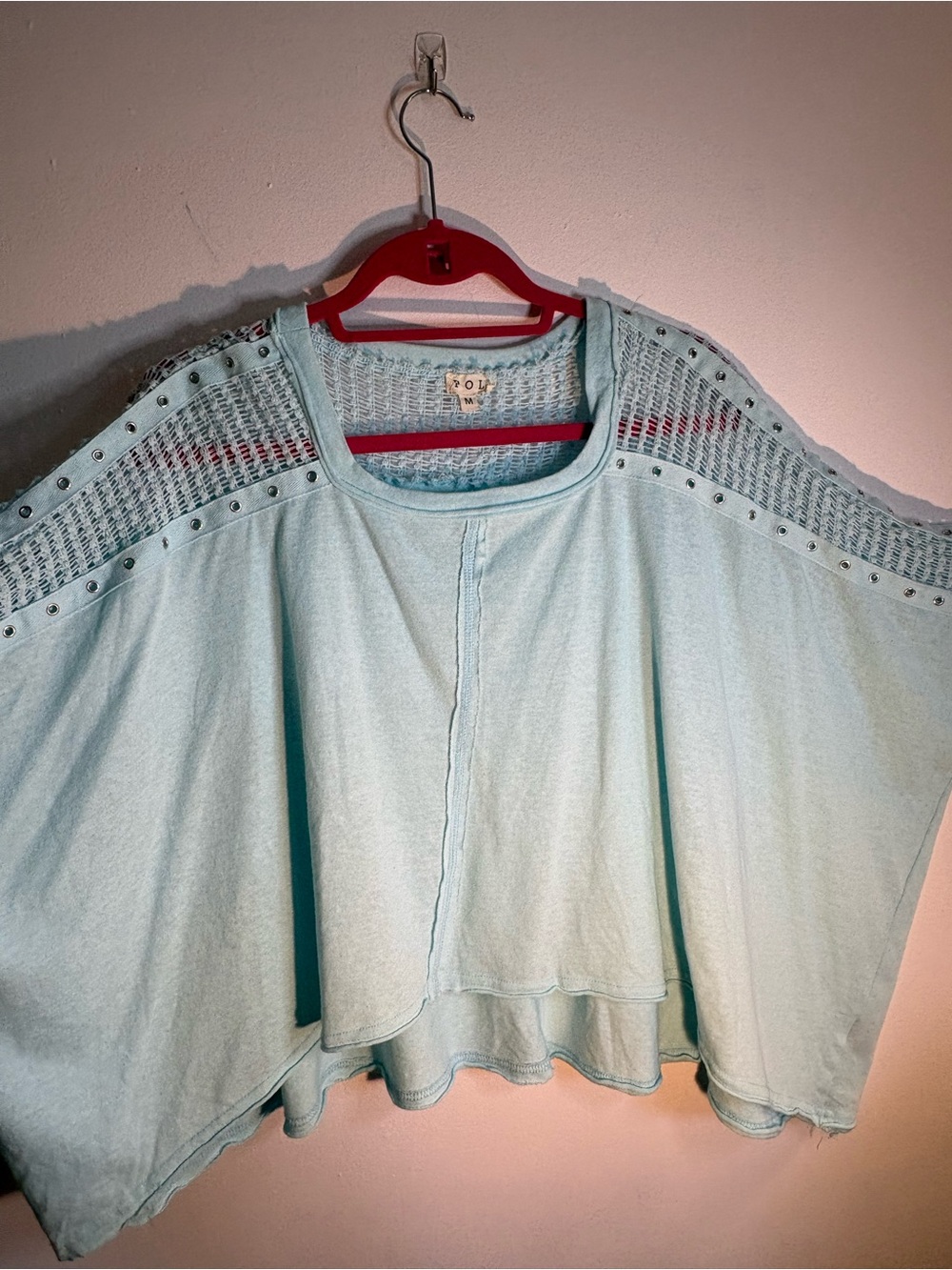 POL Light Blue Studded Open Knit Dolman Top Size Medium Boho Oversized